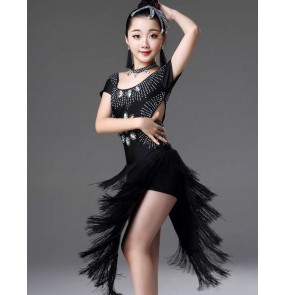 Children Red royal blue white black fringe Latin dance dresses for girls kids rhinestone tassel ballroom latin salsa competition clothing dance gown for girls